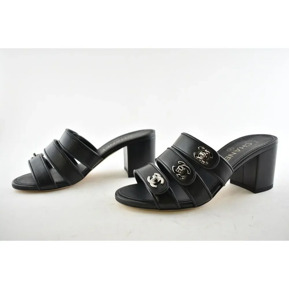 Chanel 19P Black Leather Turnlock CC Logo Mule Strap Slide Block Heel Sandal 36 - Picture 10 of 12